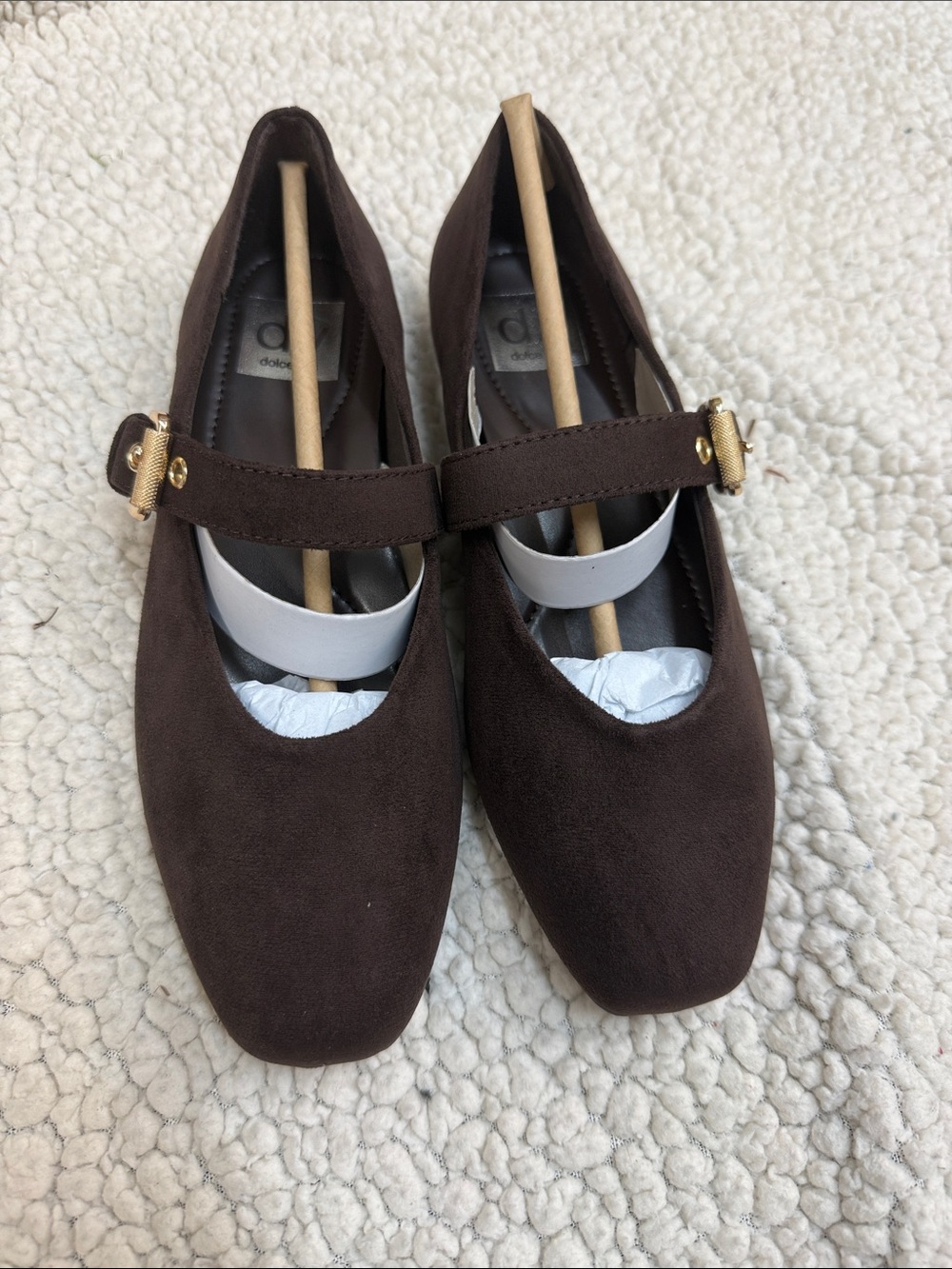 Dolce Vita Mulaney Dark Brown Suede Mary Jane Flats with Gold Buckle